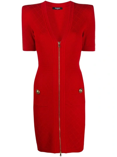 Shop Balmain Short Knit Dress With Gold-tone Zip Closure In Red
