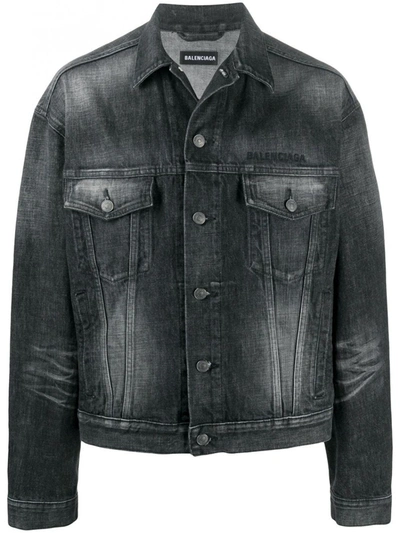 Balenciaga Large Fit Denim Jacket With Logo At The Back In Fake Wash Black  | ModeSens