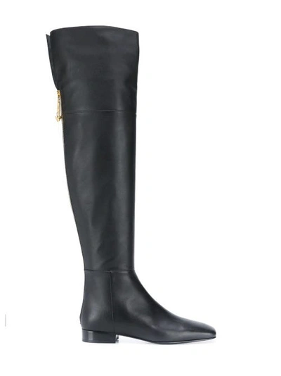 Shop Versace Safety Pin Flat Leather Boots In Black