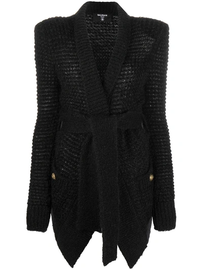Shop Balmain Tie-waist Knitted Cardigan In Black
