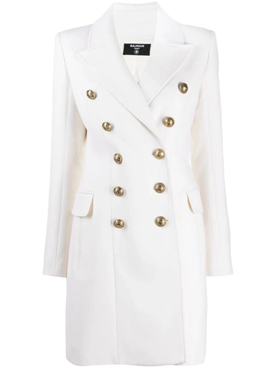 Shop Balmain Coat In Wool With Gold-tone Buttoned Fastening In White