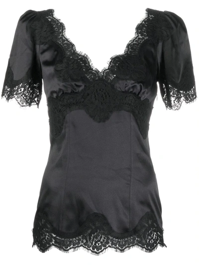 Shop Dolce & Gabbana Satin Top With Lace Details In Nero