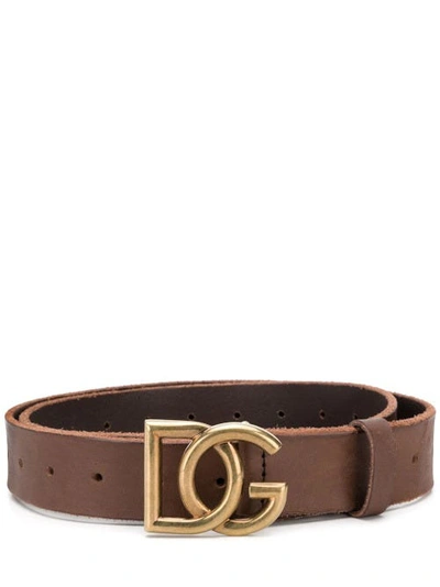 Shop Dolce & Gabbana Split-grain Leather Belt With Crossover Dg Logo In Brown