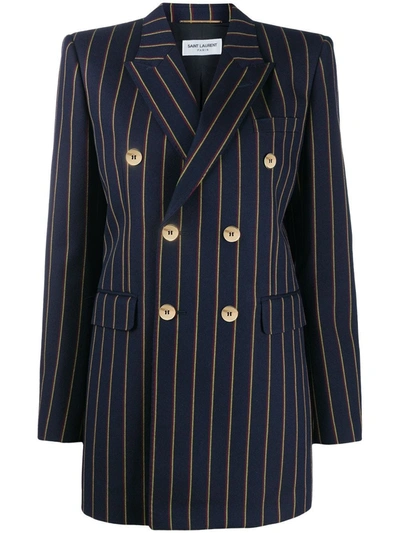 Shop Saint Laurent Double-breasted Jacket In Striped Wool Serge In Blue