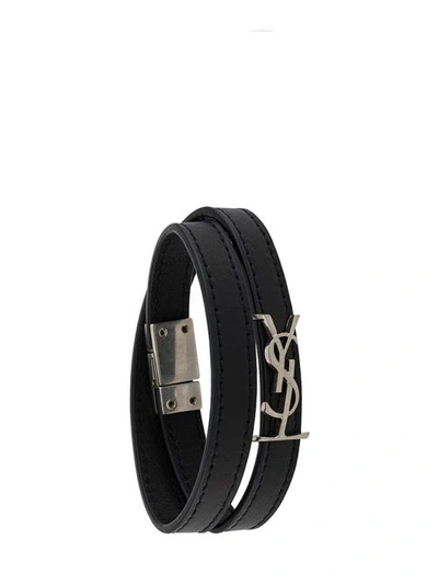 Shop Saint Laurent Opyum Double Wrap Bracelet With Silver-tone Metal In Black