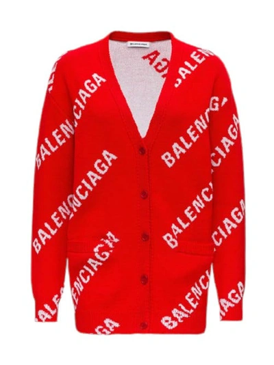 Shop Balenciaga Allover Logo Cardigan In Red