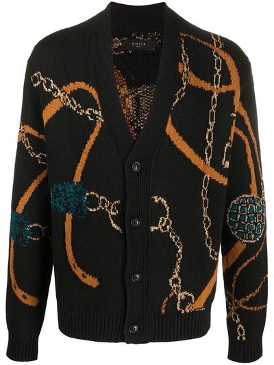 Shop Amiri Tassels Intarsia Cardigan In Black