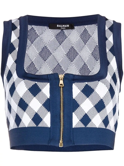 Shop Balmain Blue Checked Knitted Crop Top