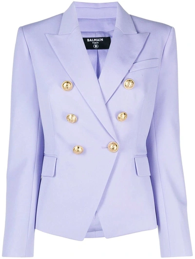 Shop Balmain Purple Blazer With Gold-tone Double-breasted Closure