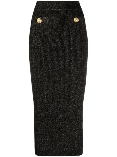Shop Balmain Black Long Knit And Lurex High-waisted Skirt With Gold-tone Buttons