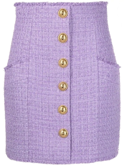 Shop Balmain Gold Button-detail Purple Skirt