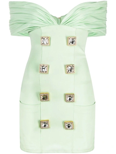 Shop Balmain Green Viscose Off-the-shoulder Dress With Square Buttons