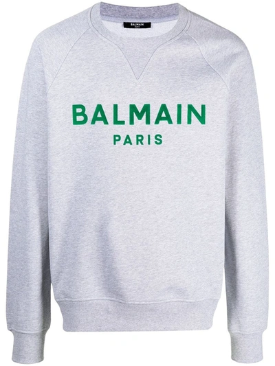 Shop Balmain Grey Cotton Sweatshirt With  Paris Logo
