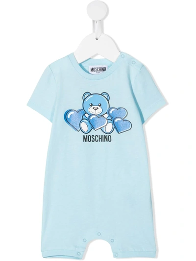 Shop Moschino Bear-motif Cotton Romper In 蓝色