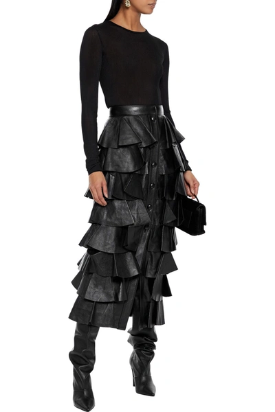 Shop Saint Laurent Tiered Leather Midi Skirt In Black
