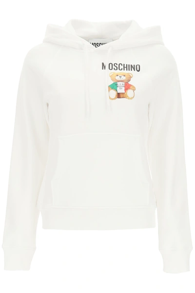 Shop Moschino Italian Teddy Bear Hooded Sweatshirt In Fantasia Bianco (white)