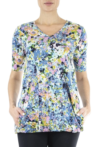 Shop Nina Leonard Floral Print Draped Knit Dress In Navy Multi