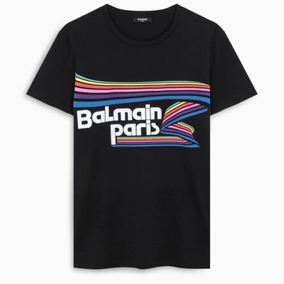 Shop Balmain Black T-shirt With Multicolour Print In Multicolor