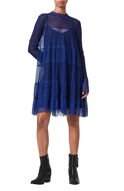Shop Allsaints Briella Lace Long Sleeve Dress In Cobalt Blue