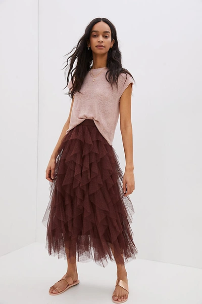 Shop Anthropologie Tesia Ruffled Tulle Midi Skirt In Brown