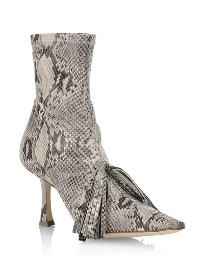 Shop A.w.a.k.e. Agnes Snakeskin-print Square-toe Tassel Boots In Grey Snake Print