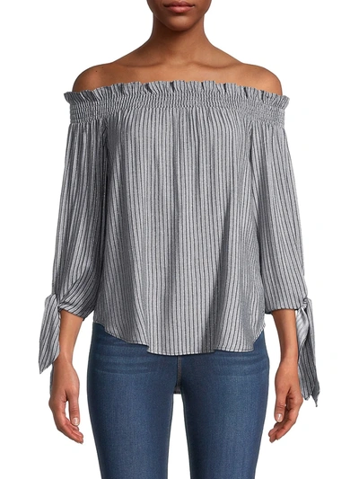 Shop Michael Michael Kors Striped Off-the-shoulder Top In Midnight Blue