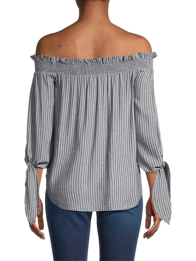 Shop Michael Michael Kors Striped Off-the-shoulder Top In Midnight Blue