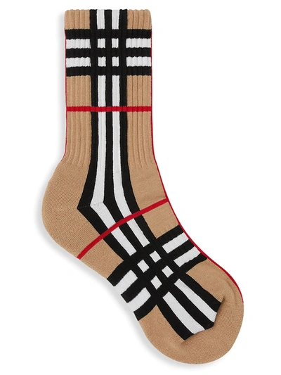 Shop Burberry Men's Check Intarsia Technical Stretch Cotton Socks In Archive Beige