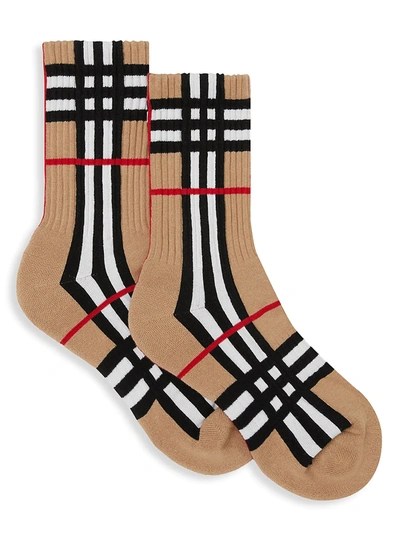 Shop Burberry Men's Check Intarsia Technical Stretch Cotton Socks In Archive Beige