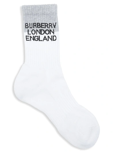 Shop Burberry Logo Intarsia Technical Stretch Cotton Socks In White Grey Melange