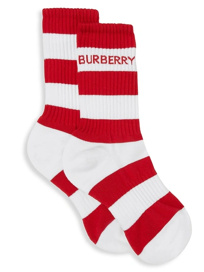 Shop Burberry Logo Intarsia Striped Technical Stretch Socks In Red White