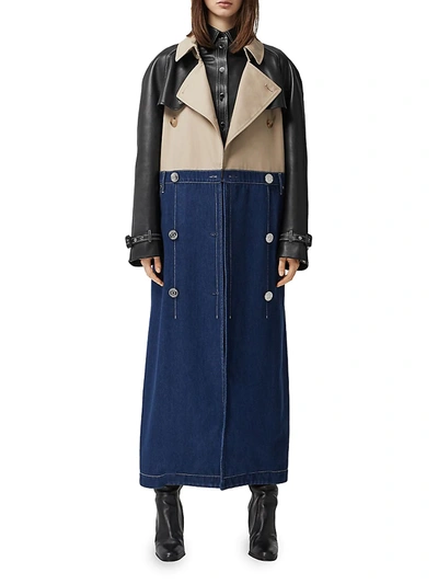 Shop Burberry Women's Leather-sleeve Mixed Denim Trench Coat In Midnight Navy