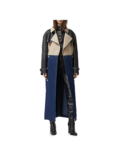 Shop Burberry Women's Leather-sleeve Mixed Denim Trench Coat In Midnight Navy