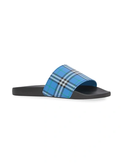 Shop Burberry Plaid Slide Sandals In Blue Azure