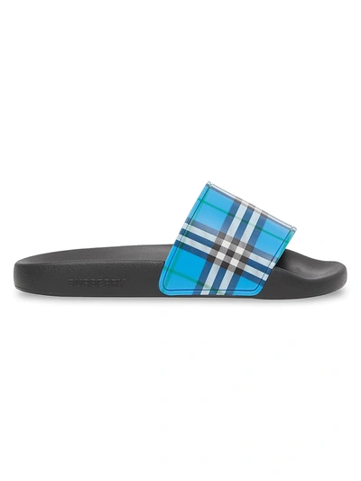 Shop Burberry Women's Furley Check Pool Slides In Blue Azure