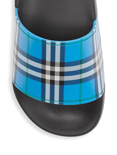 Shop Burberry Women's Furley Check Pool Slides In Blue Azure