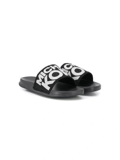 Shop Michael Kors Embellished Logo Slippers In Black