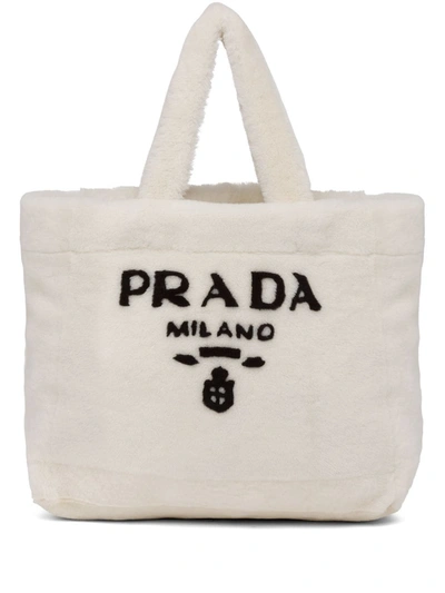 Shop Prada Shearling Tote Bag In White