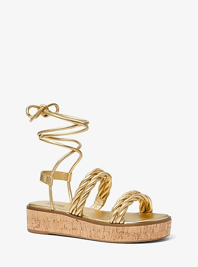 Shop Michael Kors Marina Metallic Woven Lace-up Sandal In Gold
