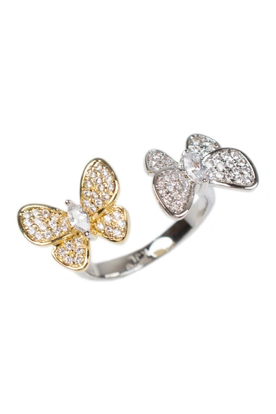 Shop Cz By Kenneth Jay Lane Two-tone Double Cz Butterfly Ring In Clear-2 Tone