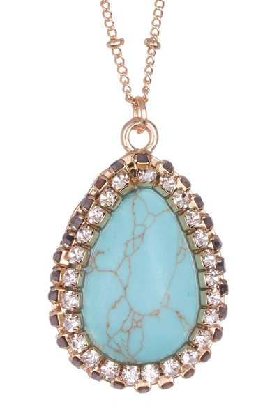 Shop Olivia Welles Liv Halo Set Simulated Turquoise Pendant Stationed Stone Necklace In Gold-turquoise