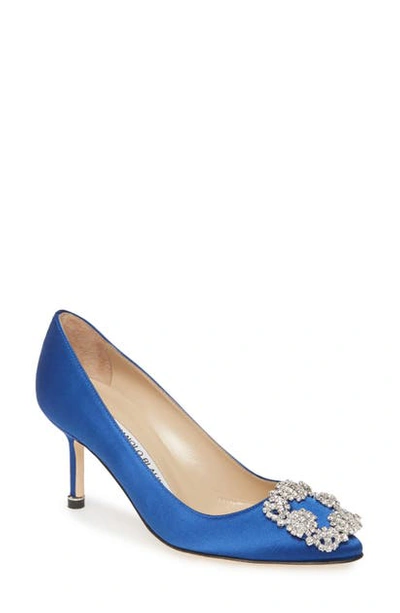 Shop Manolo Blahnik Hangisi Pointed Toe Pump In Blue Satin/ Clear