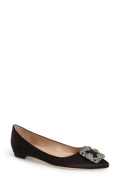 Shop Manolo Blahnik Hangisi Flat In Black Satin