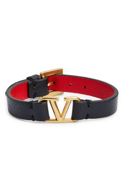 Shop Valentino Vlogo Leather Bracelet In 0sm Nero-rouge Pur