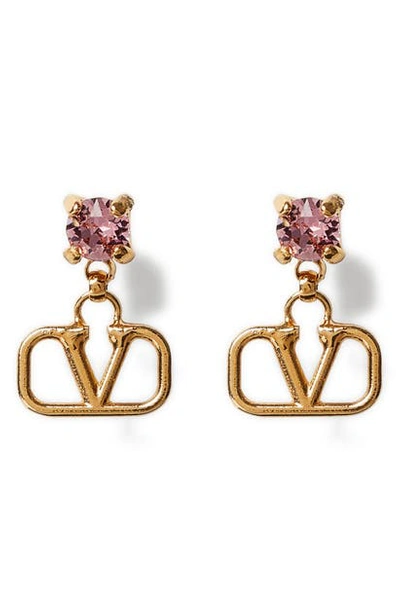 Shop Valentino Crystal Logo Drop Earrings In Oro 18/ Light Rose