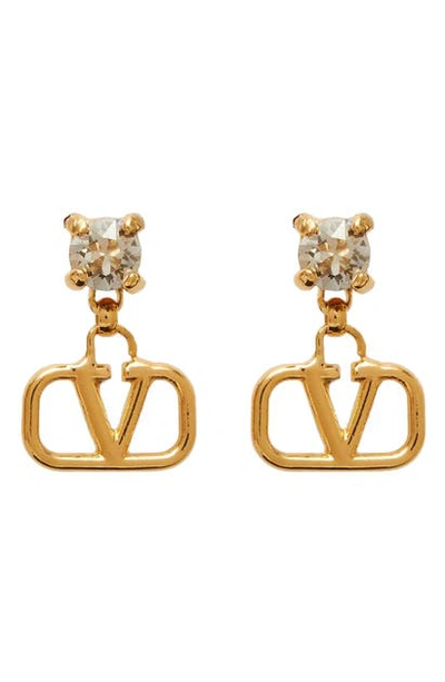 Shop Valentino Crystal Logo Drop Earrings In Oro 18/ Acquamarina
