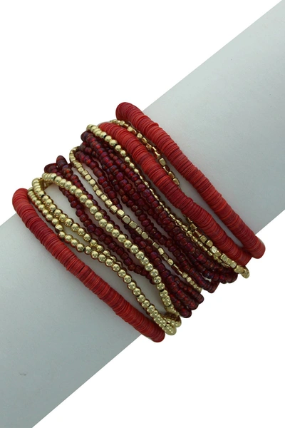 Shop Olivia Welles Sabra 14k Gold Plated Beaded Stack Bracelet In Gold-red