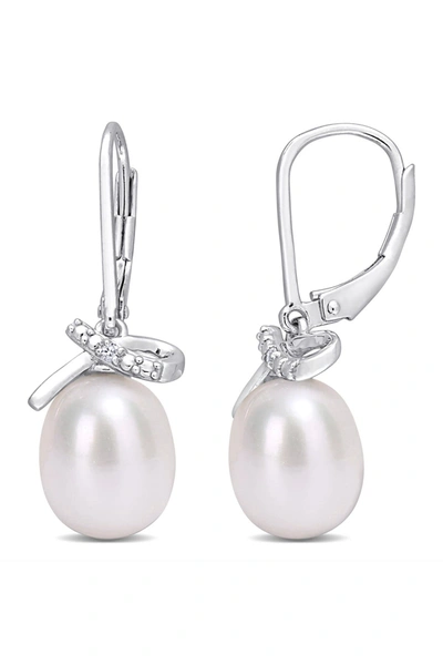 Delmar Sterling Silver 7.5–8mm Cultured Freshwater Pearl & Diamond Lever Back Earrings In White