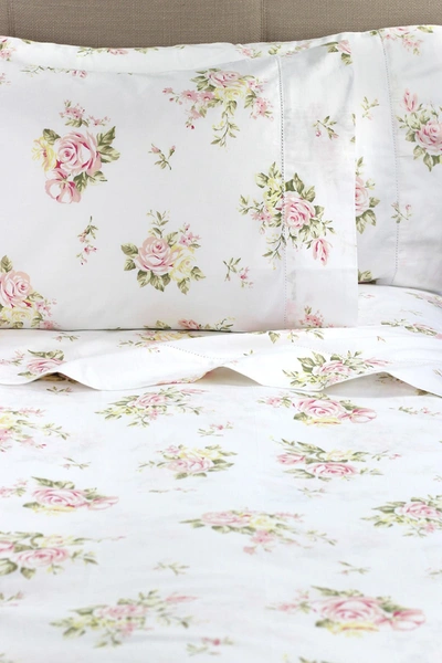 Melange King 400 Thread Count Cotton Rose Bouquet Sheet 4-piece Set In White/ Pink