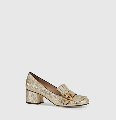 Gucci Marmont Leather Loafer Pumps In Metallic